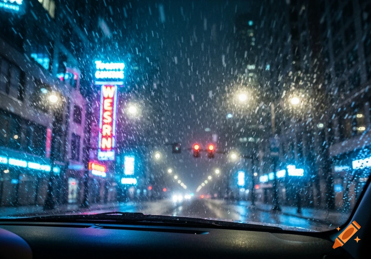 View from a car windshield of a snowy city street at night, with neon lights illuminating buildings.