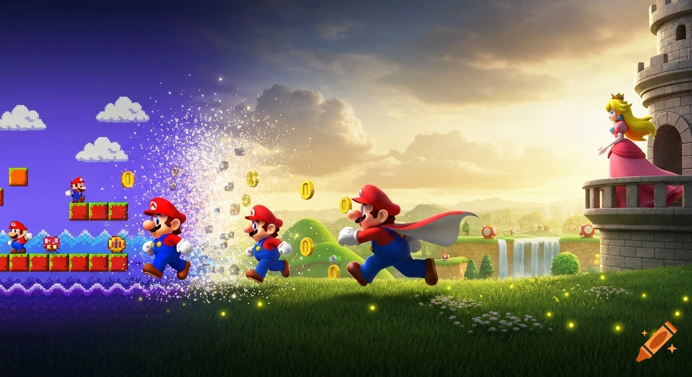 Mario runs through evolving game eras, from 8-bit pixel art to modern 3D, toward Princess Peach on a castle balcony in the Mushroom Kingdom.