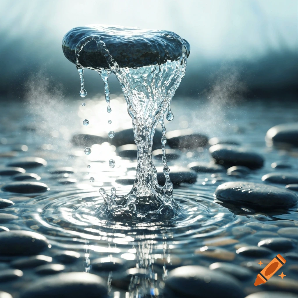 Photorealistic water splashes and drips from a dark rock onto pebbles, creating ripples.