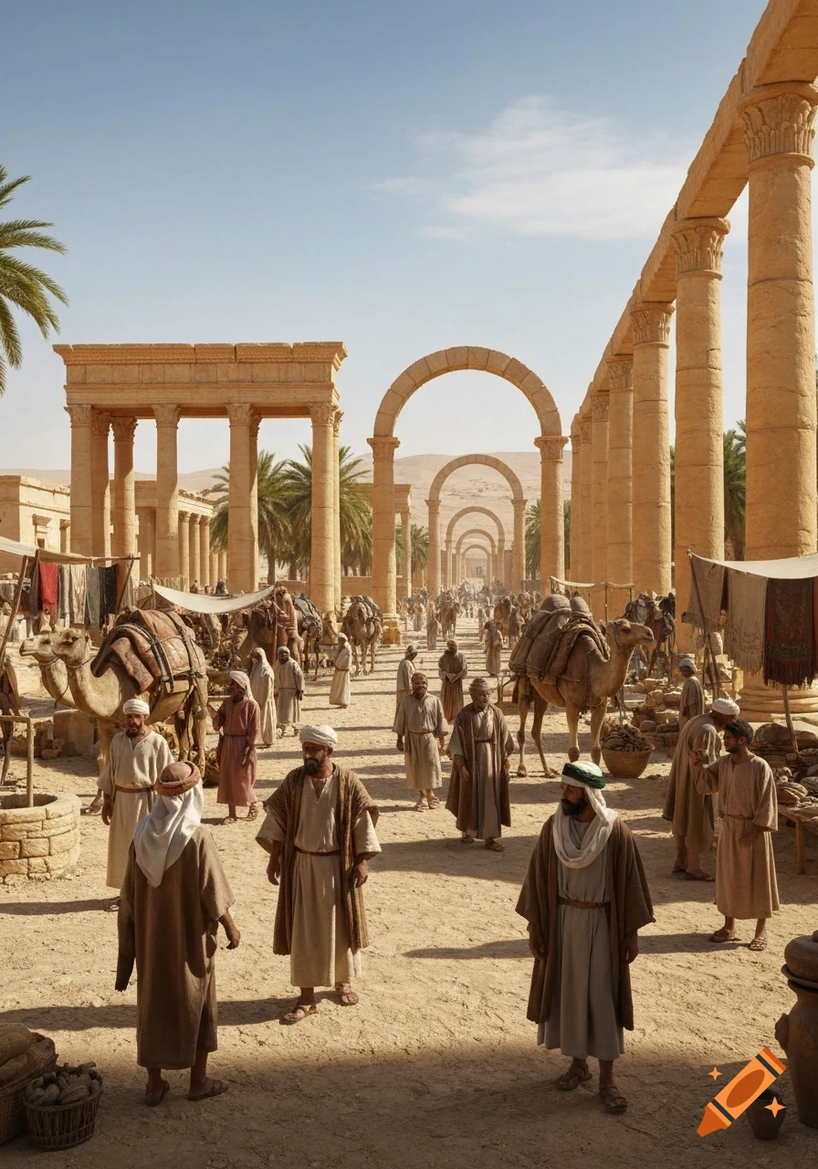 Photorealistic depiction of a bustling ancient market in Palmyra with people, camels, and grand colonnaded avenues under a clear desert sky.
