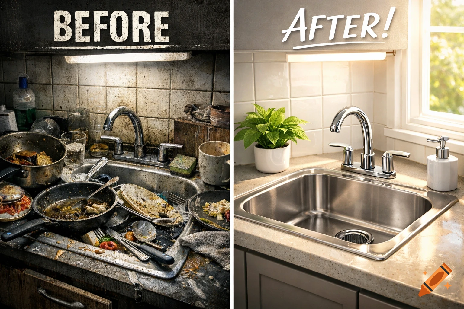 Photorealistic split image showing a messy kitchen sink on the left labeled 'BEFORE' and a sparkling clean sink on the right labeled 'AFTER!'