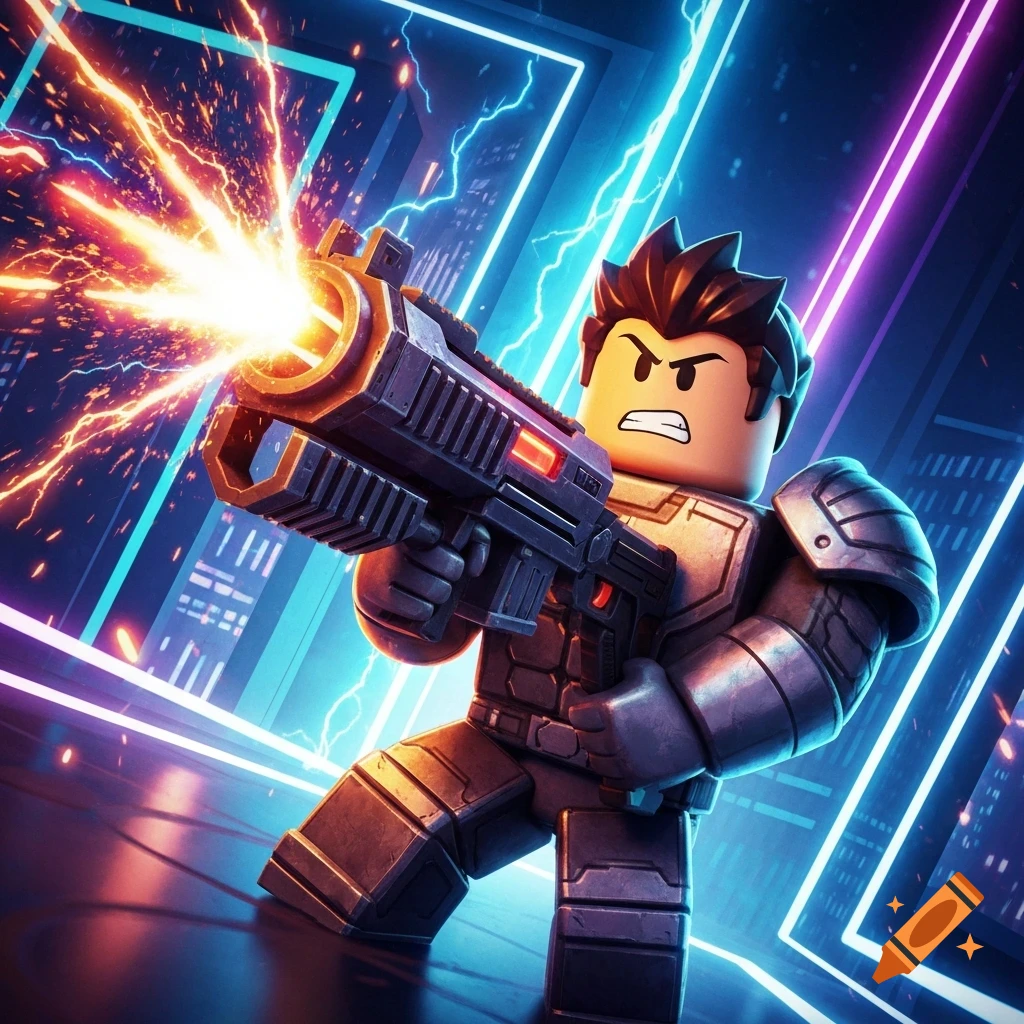 Roblox-style character in futuristic armor holding a glowing laser gun, standing in a neon-lit city.
