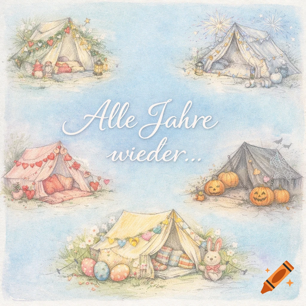 Whimsical watercolor and pencil drawing of five camping tents decorated for Christmas, New Year's, Valentine's, Easter, and Halloween. The text "Alle Jahre wieder..." is in the center.
