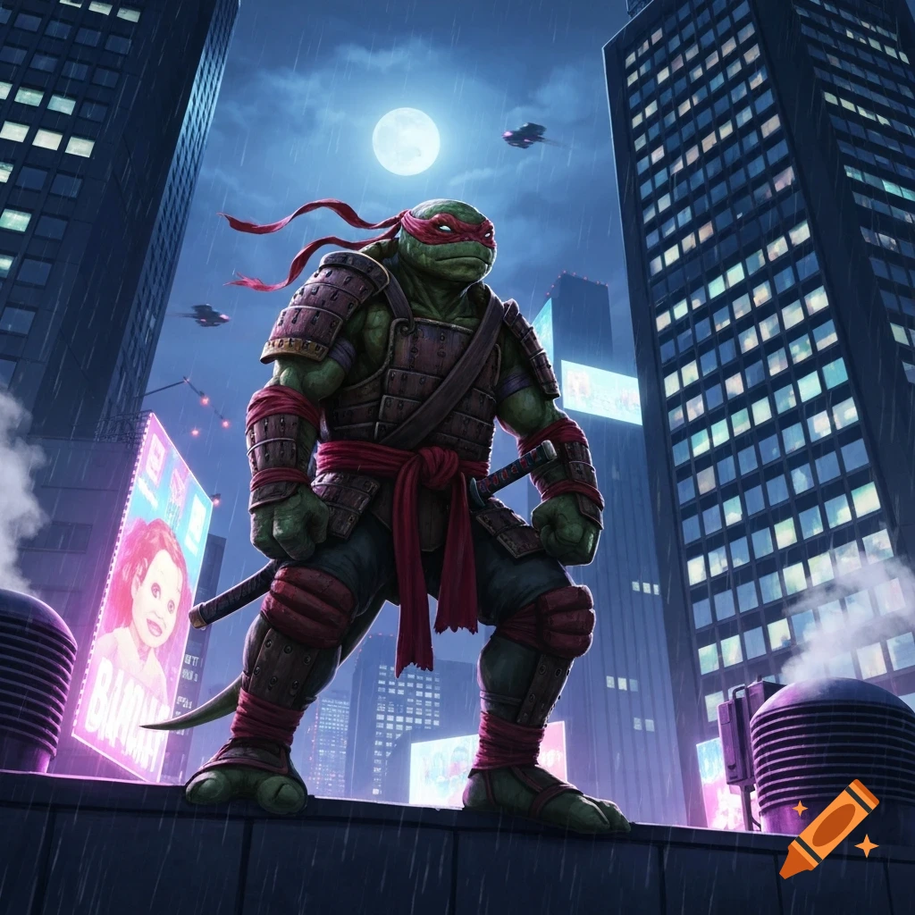 A samurai-armored Ninja Turtle stands on a rainy rooftop in a futuristic city at night, under a full moon.