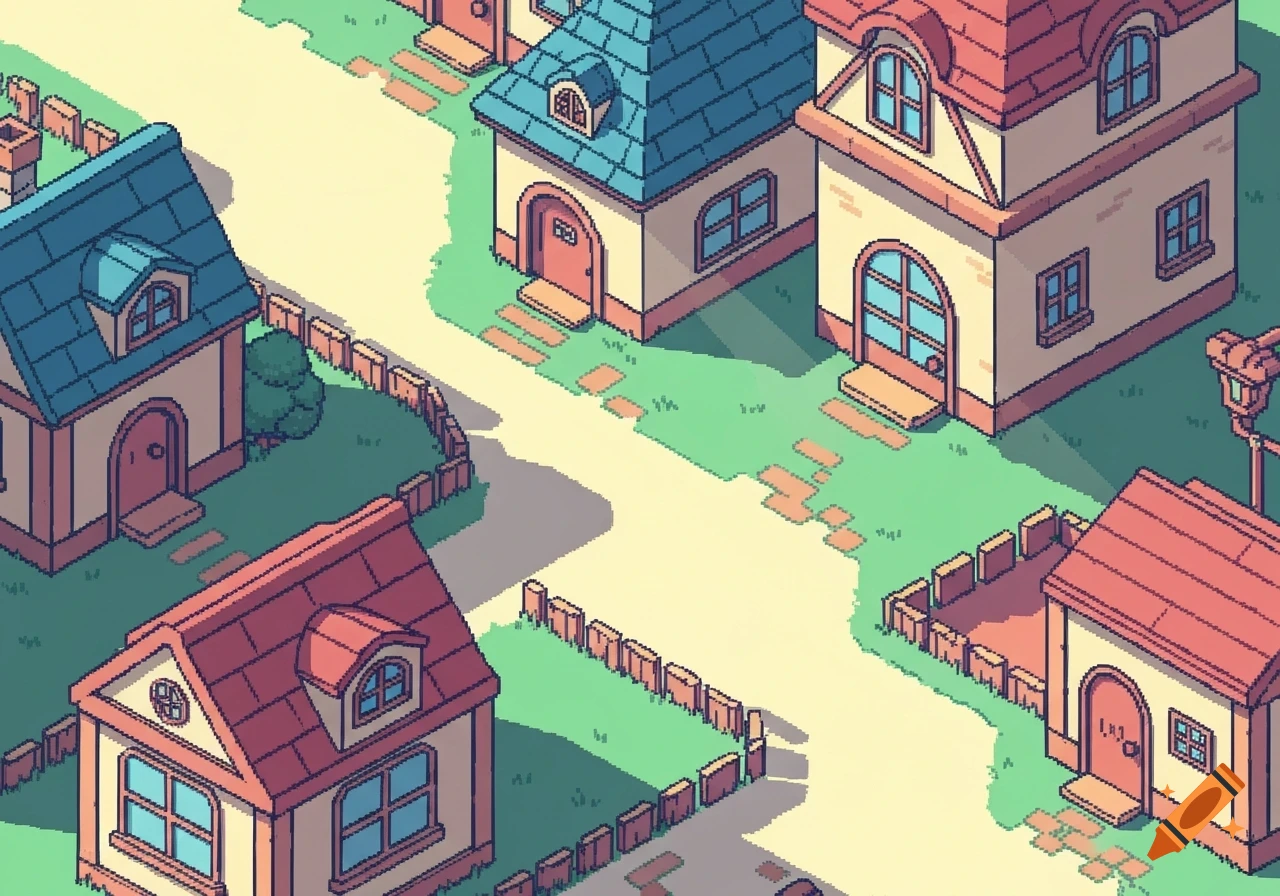 Isometric pixel art scene with charming houses, green lawns, and winding brick paths in a pastel color palette.