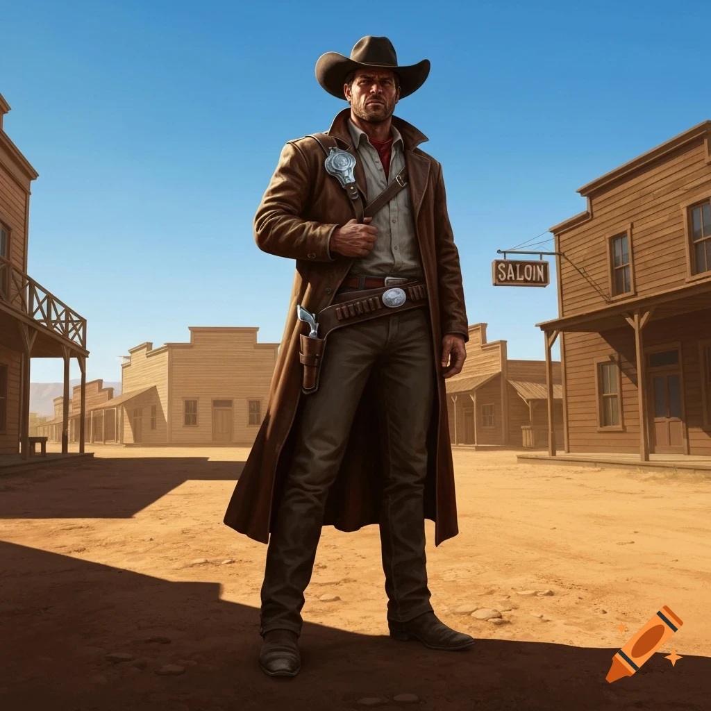 A determined cowboy in a duster coat and hat stands in a dusty Old West town street under a clear blue sky.
