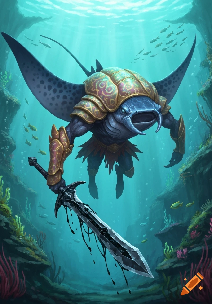 A fantasy manta ray warrior in crab shell armor wields a black sword while swimming in a vibrant underwater scene.