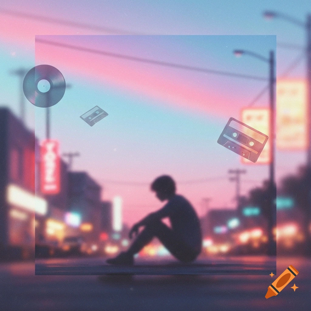 A lone figure sits on a blurred city street at dusk under a pastel sky with floating vinyl and cassette tapes, in a dreamy lo-fi style.