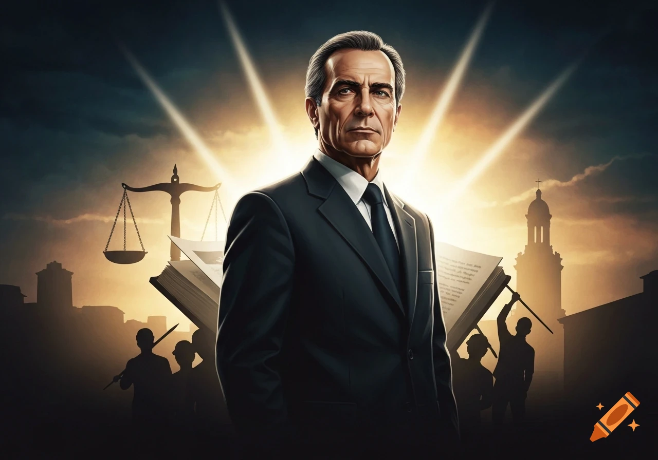 A serious man in a dark suit stands before scales of justice, open books, a church tower, and silhouetted figures under a dramatic sky.
