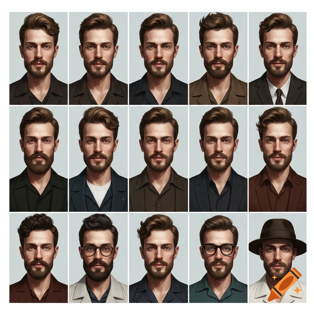 A grid of 15 portraits of the same man, each with different hairstyles, facial hair, and clothing styles representing various decades.