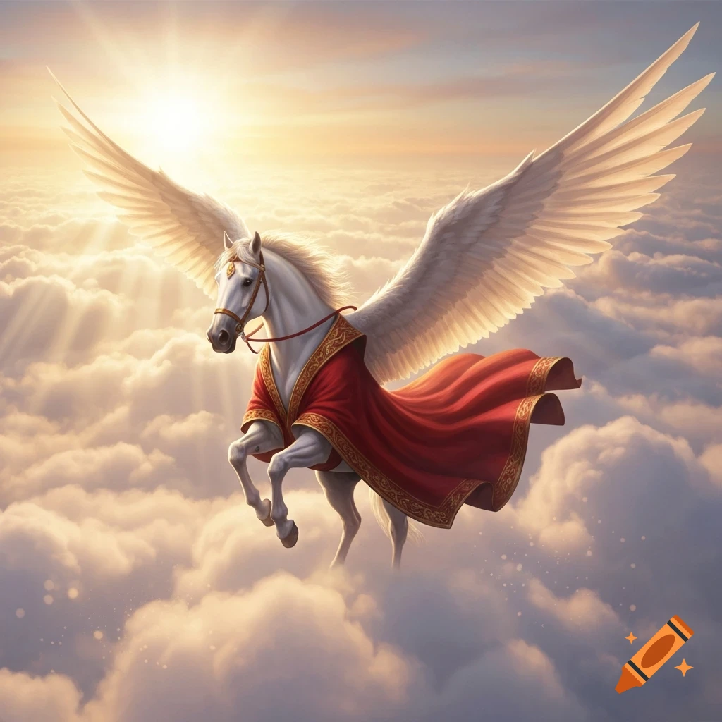 A majestic white Pegasus with a red robe flies through a sunny sky above white clouds, light rays shining down.