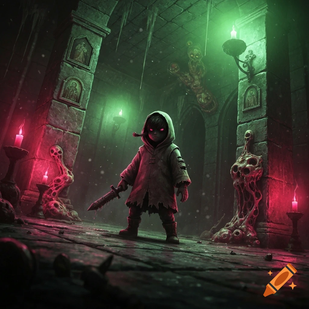 Small hooded figure with glowing red eyes holds a dagger in a dark ...
