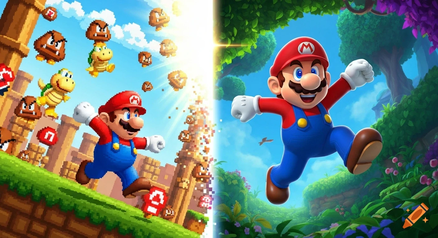 Mario runs from a pixelated retro game scene into a vibrant modern 3D world with trees and plants.