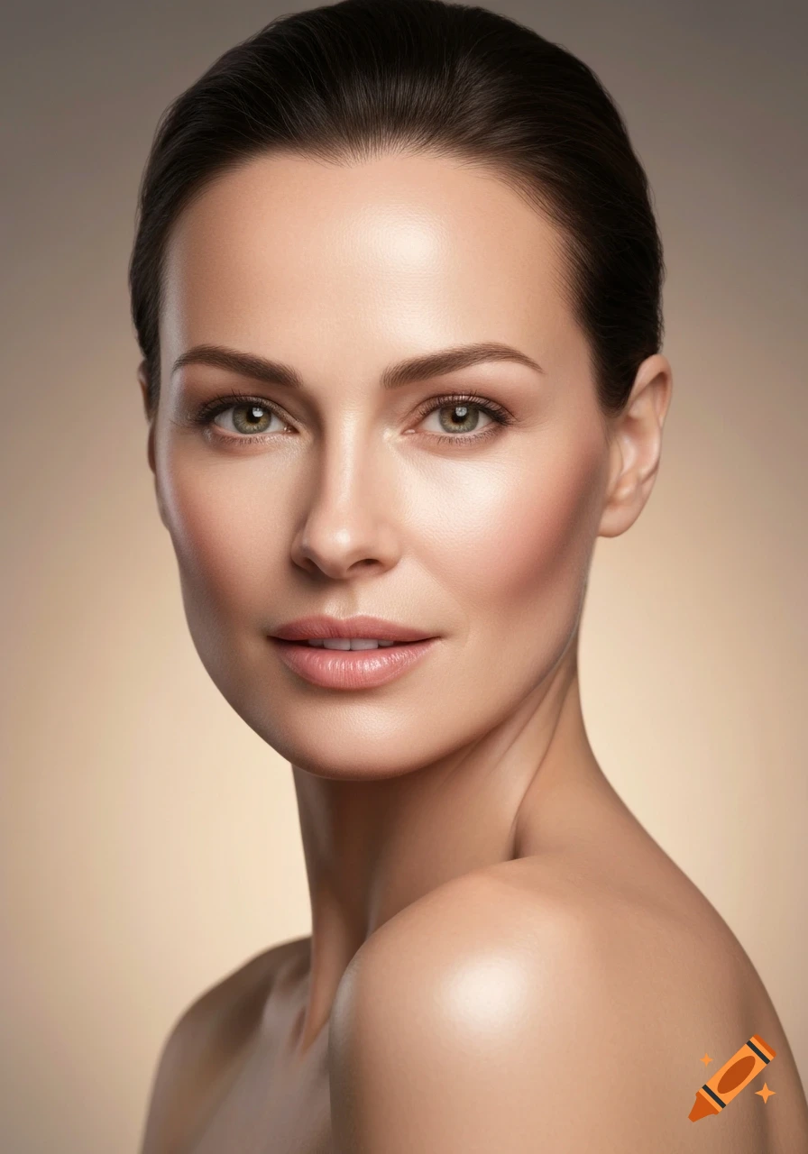Photorealistic portrait of a woman with bare shoulders and soft makeup, hair pulled back, looking directly at the viewer.