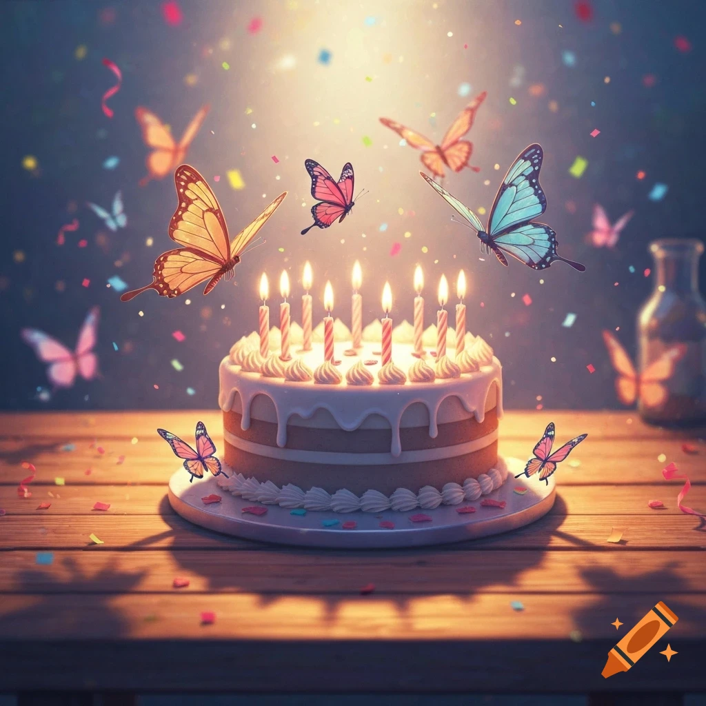A colorful birthday cake with lit candles, surrounded by flying butterflies and falling confetti on a wooden table.