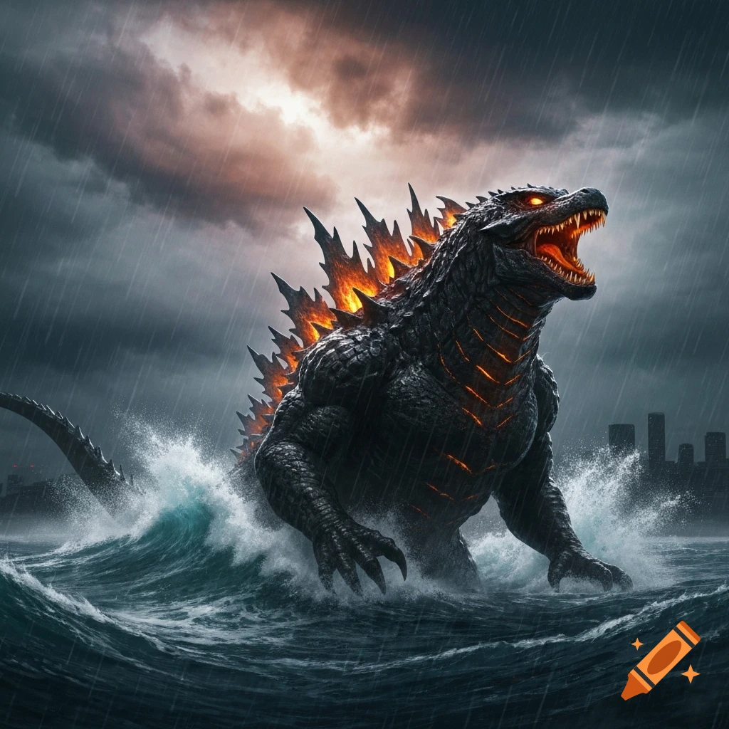A large, dark, glowing Godzilla-like monster roars as it rises from a stormy ocean with a city silhouette in the background under heavy rain.