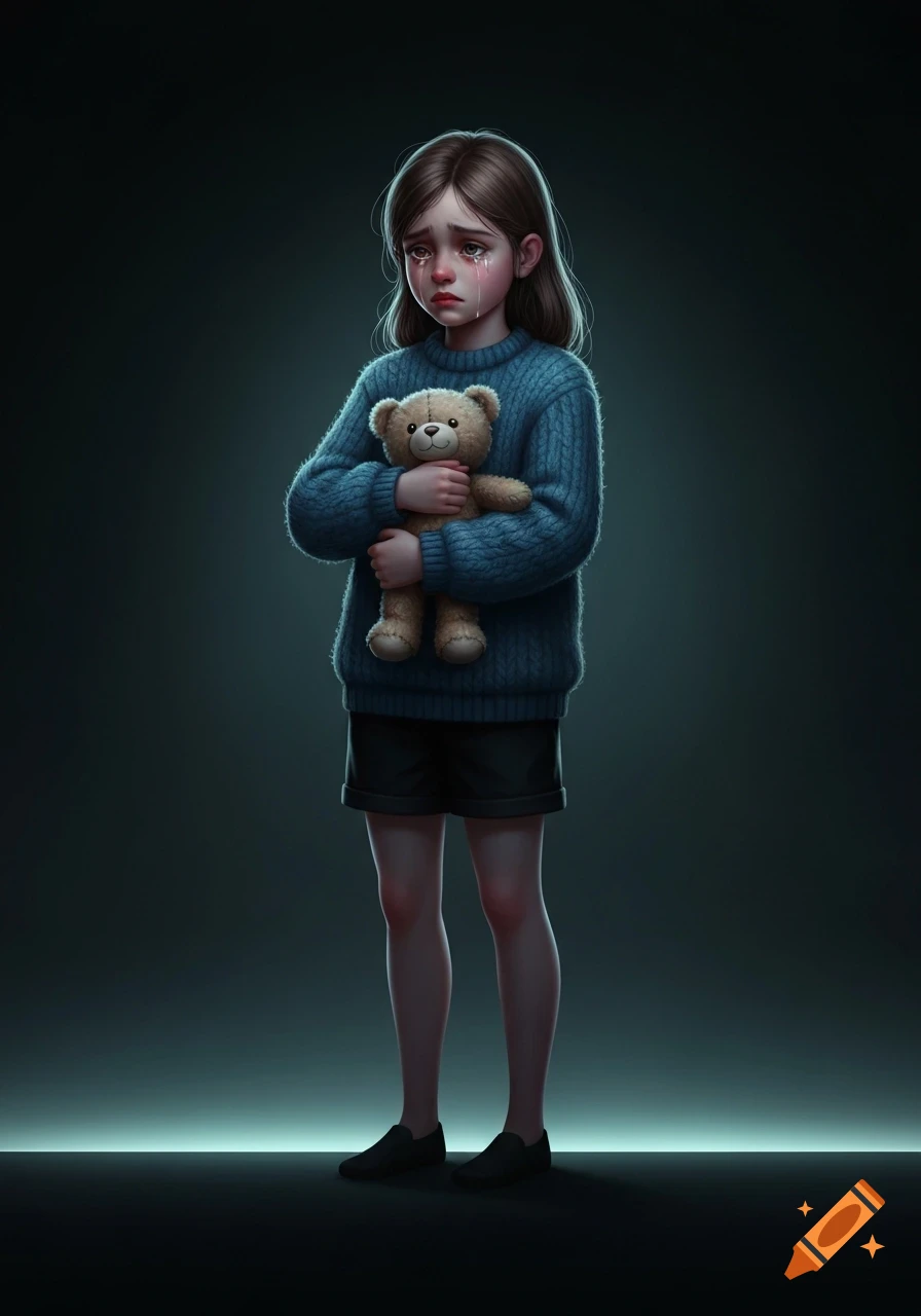 Digital illustration of a sad girl in a blue sweater and shorts, crying while hugging a teddy bear in a dark setting.