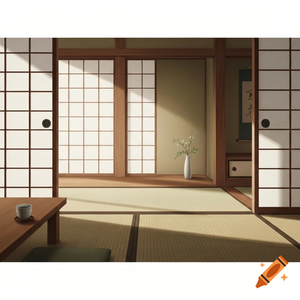 A serene traditional Japanese room with shoji screens, tatami mats, a low table with a tea cup, and a vase with flowers.