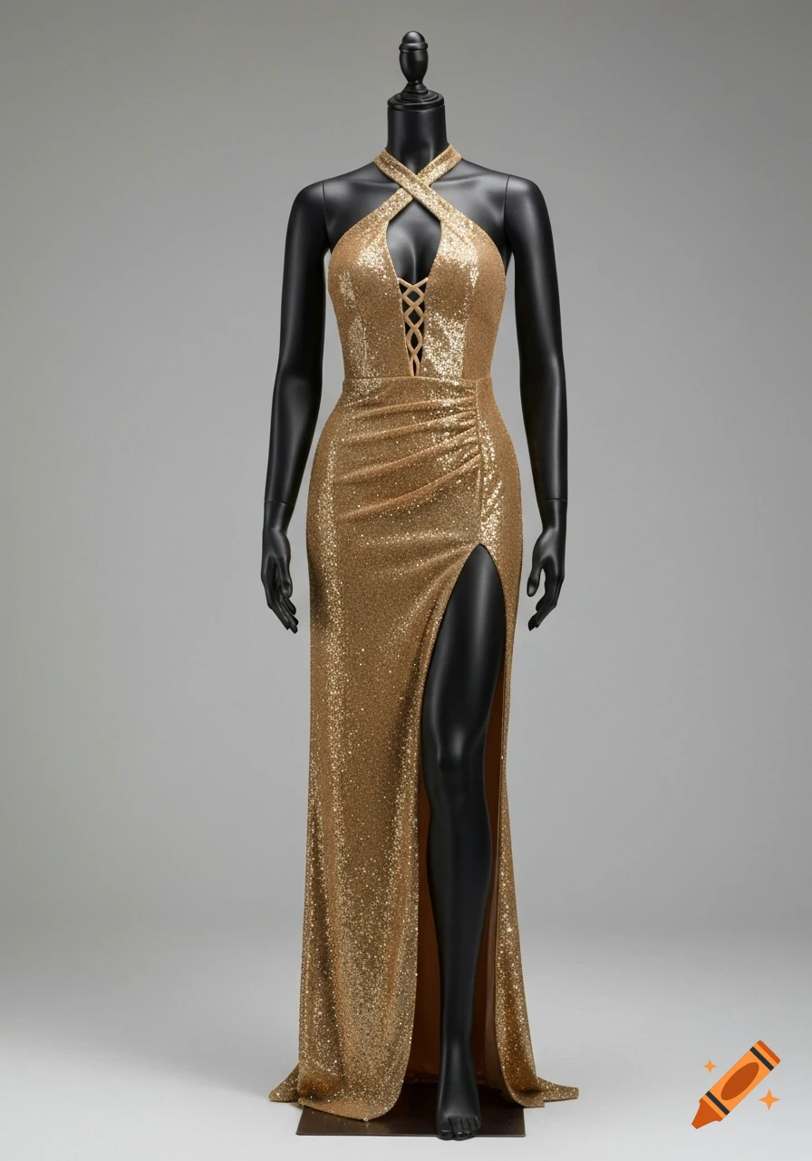 A black mannequin models a sparkling gold halter-neck gown with a side slit.