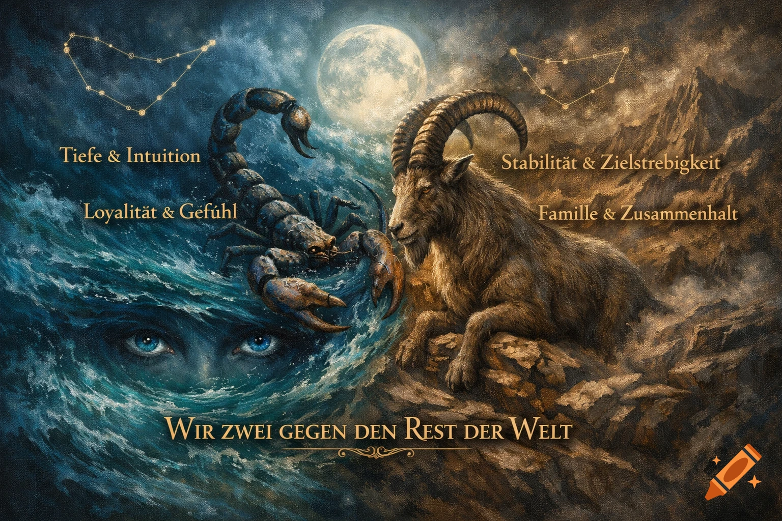 An artistic painting showing a scorpion on a stormy blue sea side and a goat on a rocky mountain side, with constellations and a full moon above. German text reads about intuition, loyalty, stability, family, and 'Us two against the rest of the world'.