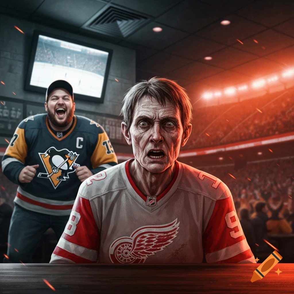 An emaciated Detroit Red Wings fan looks distraught in the foreground while a happy Pittsburgh Penguins fan cheers loudly behind him at a hockey game.