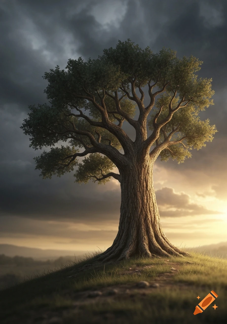 A majestic old tree stands alone on a grassy hill under a dramatic, cloudy sky with golden light on the horizon.