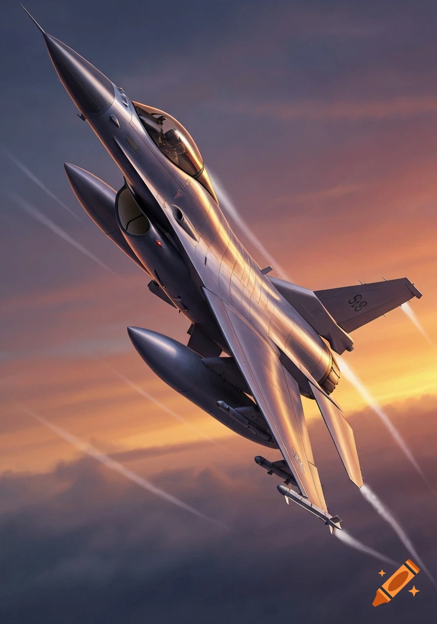 A photorealistic F-16 fighter jet in a steep bank against a vibrant sunset sky, leaving contrails.