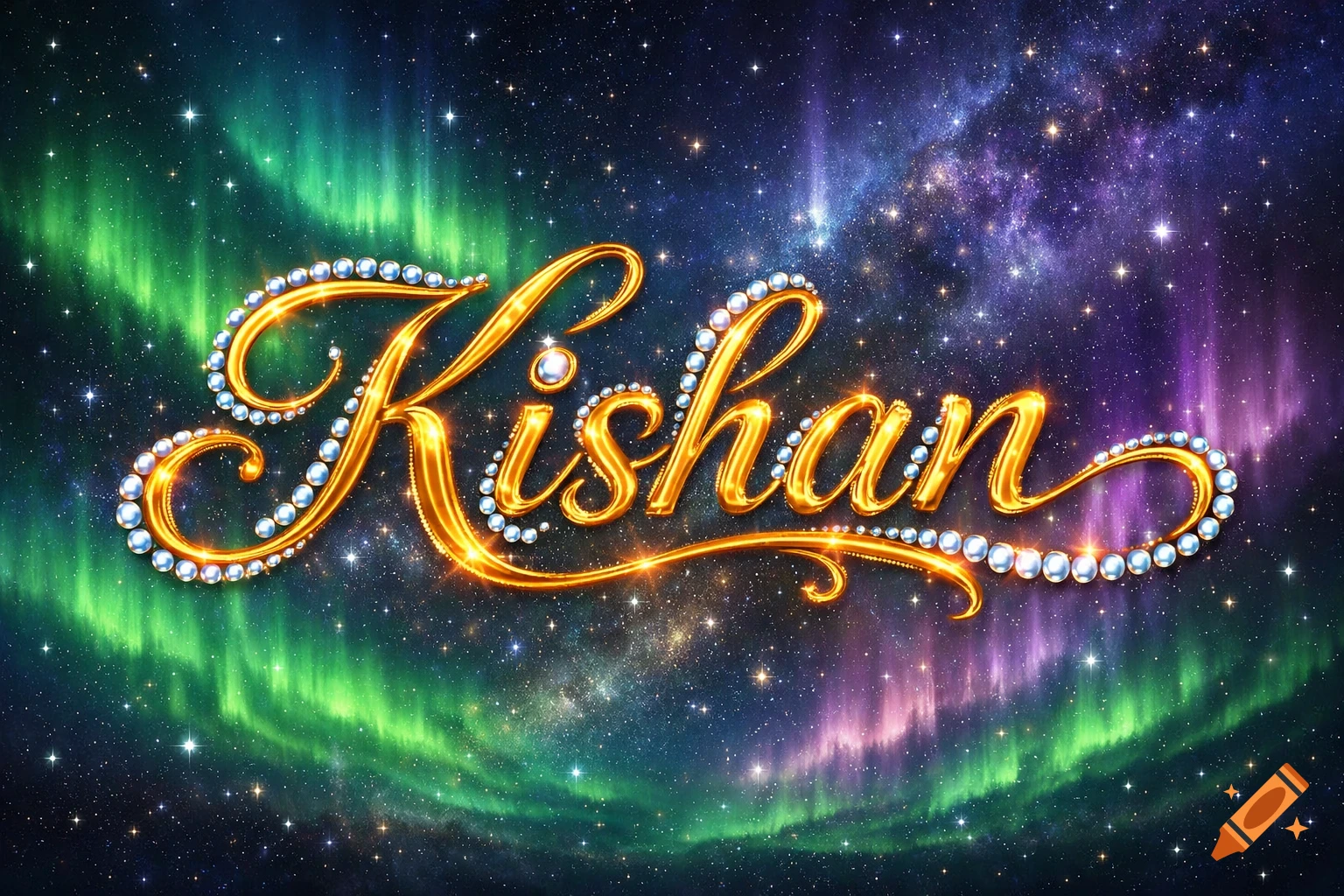 Golden cursive text "Kishan" lined with sparkling blue pearls against a vibrant green and purple Aurora Borealis and starry night sky.