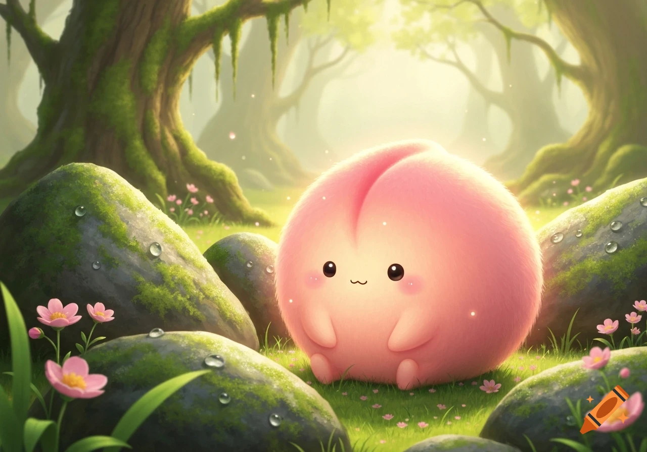 A fluffy, pink, peach-like creature with a smiling face sits among mossy rocks and pink flowers in a mystical forest.