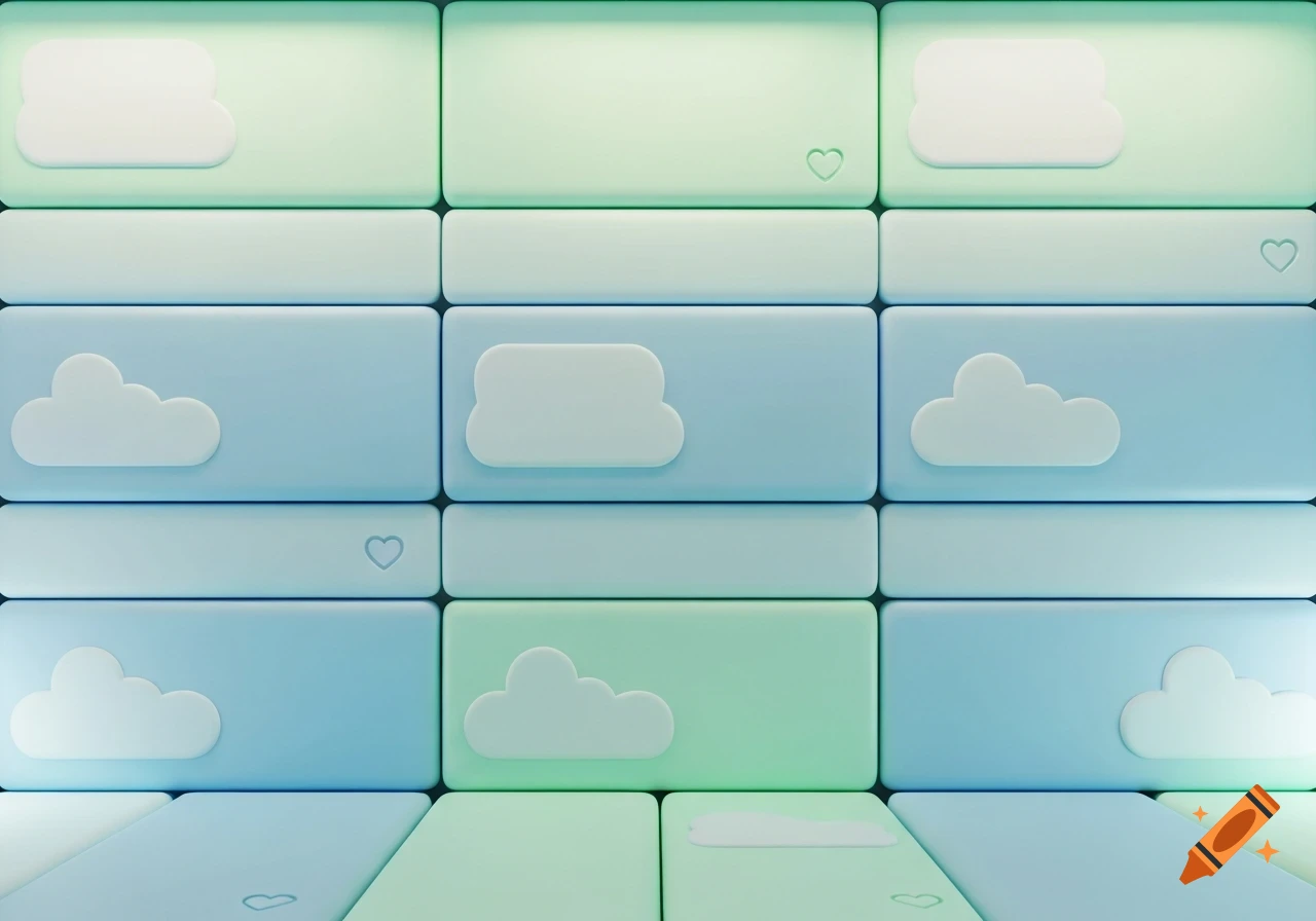 A wall texture made of soft green and blue rectangular tiles, adorned with white cloud shapes and small hearts.