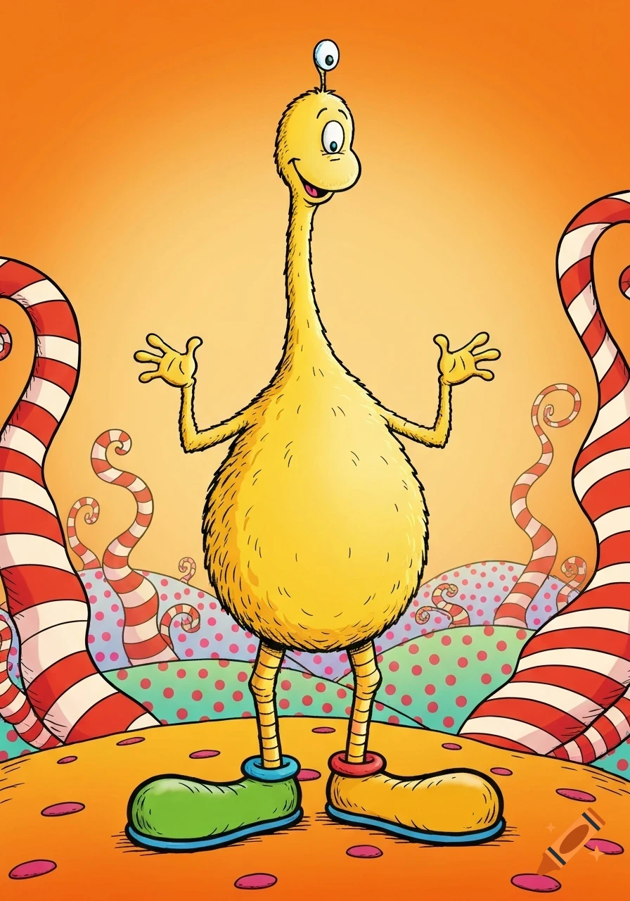 A tall, fuzzy yellow Dr. Seuss character with a single eye on a stalk and big shoes in a whimsical, colorful landscape.
