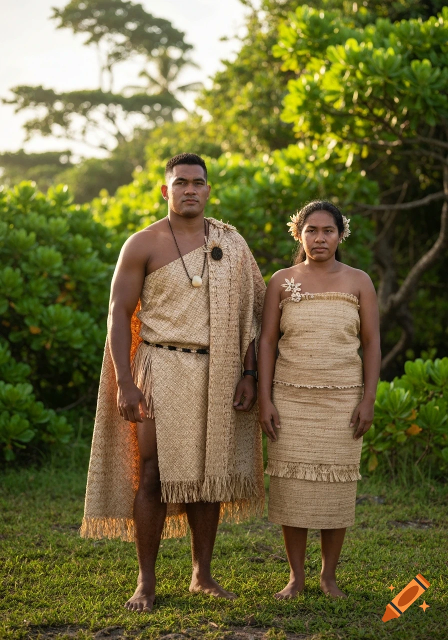 A Samoan man and woman in traditional woven clothing stand barefoot in lush tropical greenery.