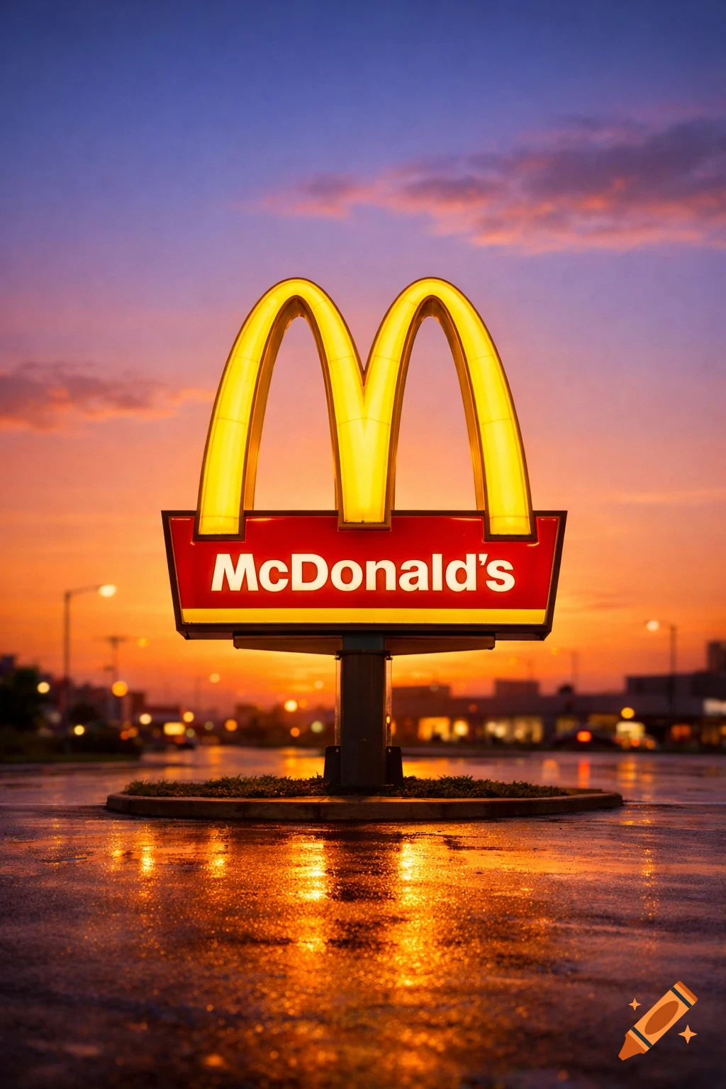 A brightly lit McDonald's sign stands tall against a vibrant orange and purple sunset sky, reflecting on a wet street in a city.