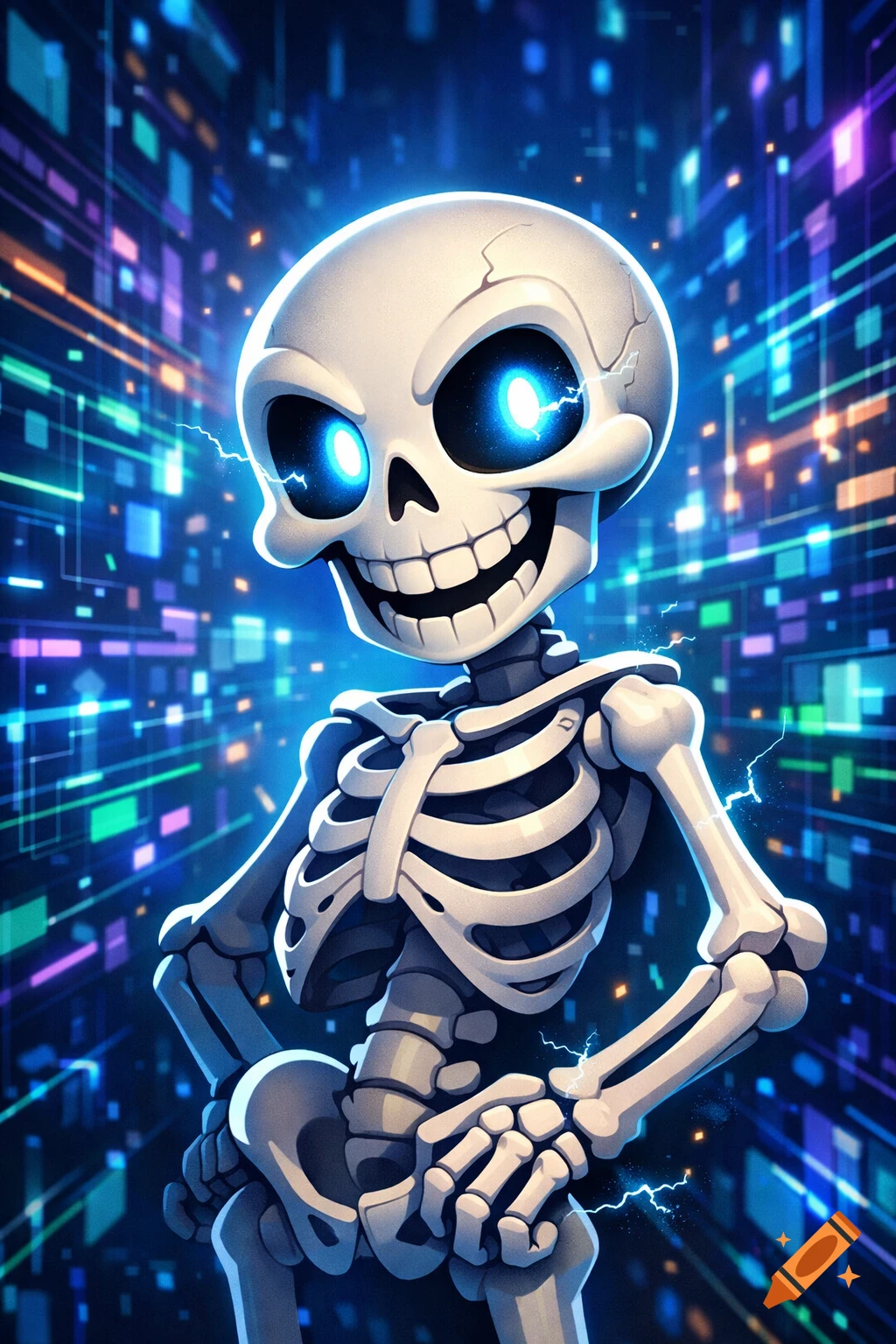 Cartoonish skeleton with glowing blue eyes and an exaggerated grin, against a vibrant, abstract digital background.