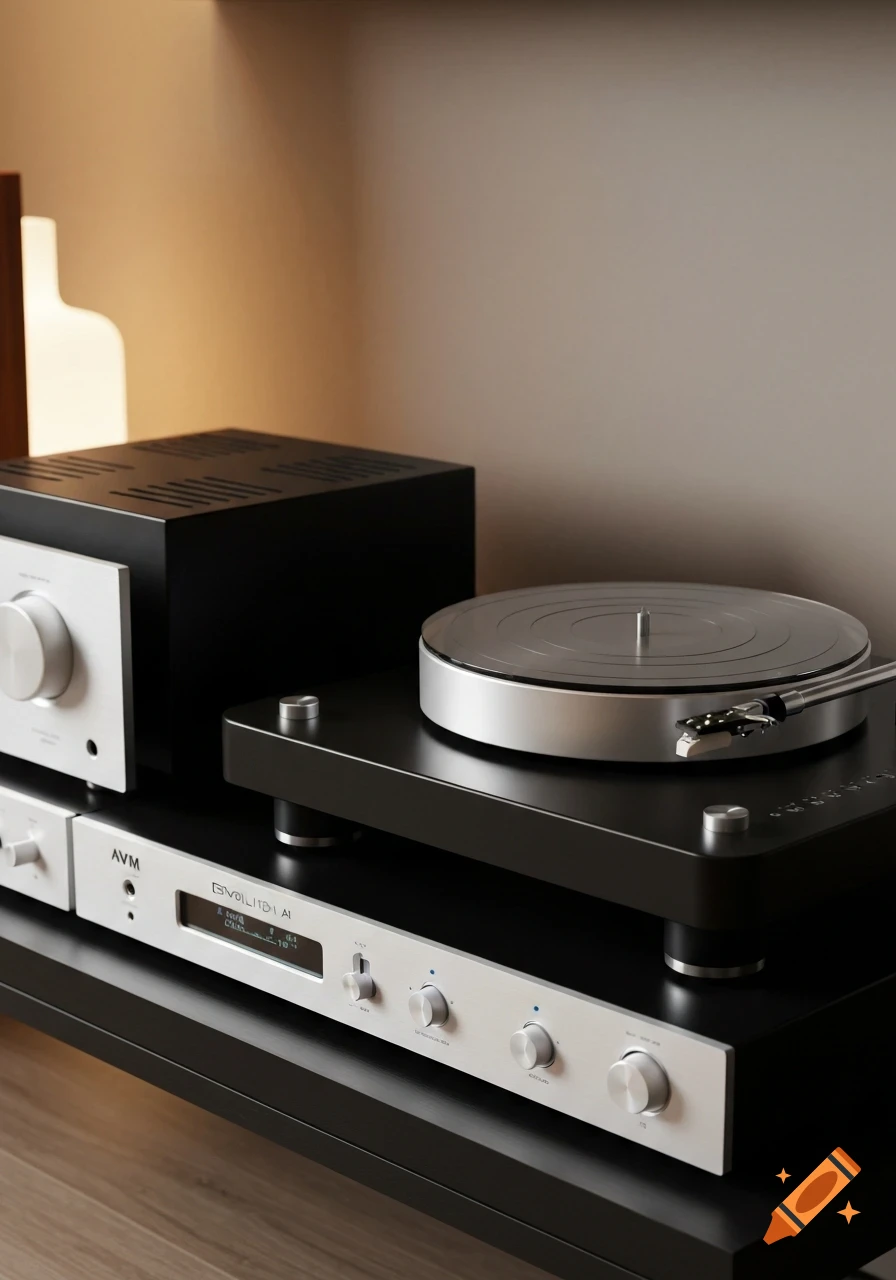 Close-up of a silver amplifier with "AVM" text and a display, next to a black turntable on a dark shelf, photorealistic style.