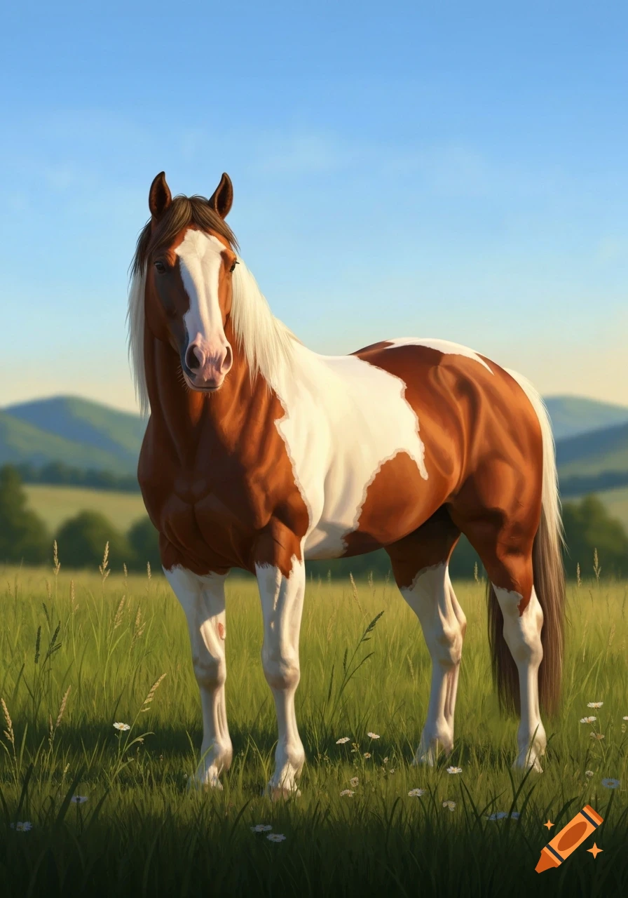 A brown and white pinto horse stands in a grassy field under a clear blue sky, with rolling green hills in the background.