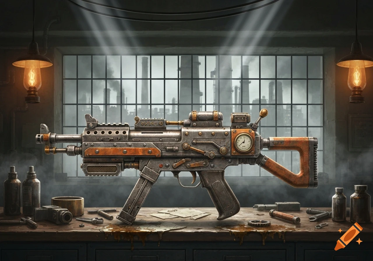 A highly detailed steampunk submachine gun on a workbench in an industrial factory setting with large windows.