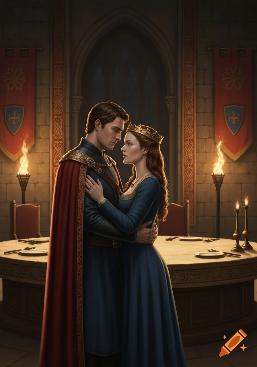 A regal king and queen in medieval attire embrace in a dimly lit castle hall adorned with torches and banners.