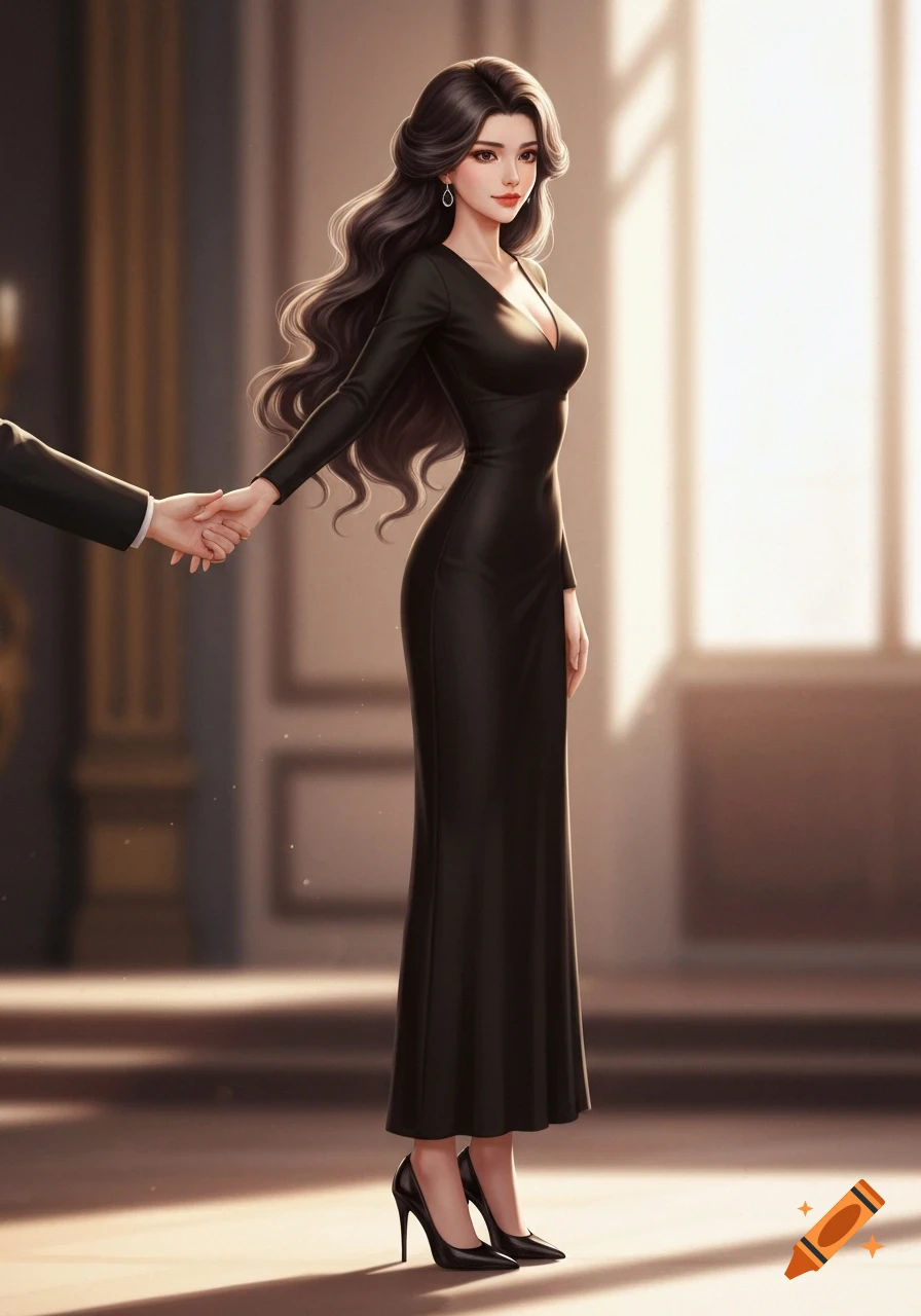 Digital illustration of an elegant woman in a long black dress and high heels, holding a man's hand in a bright room.