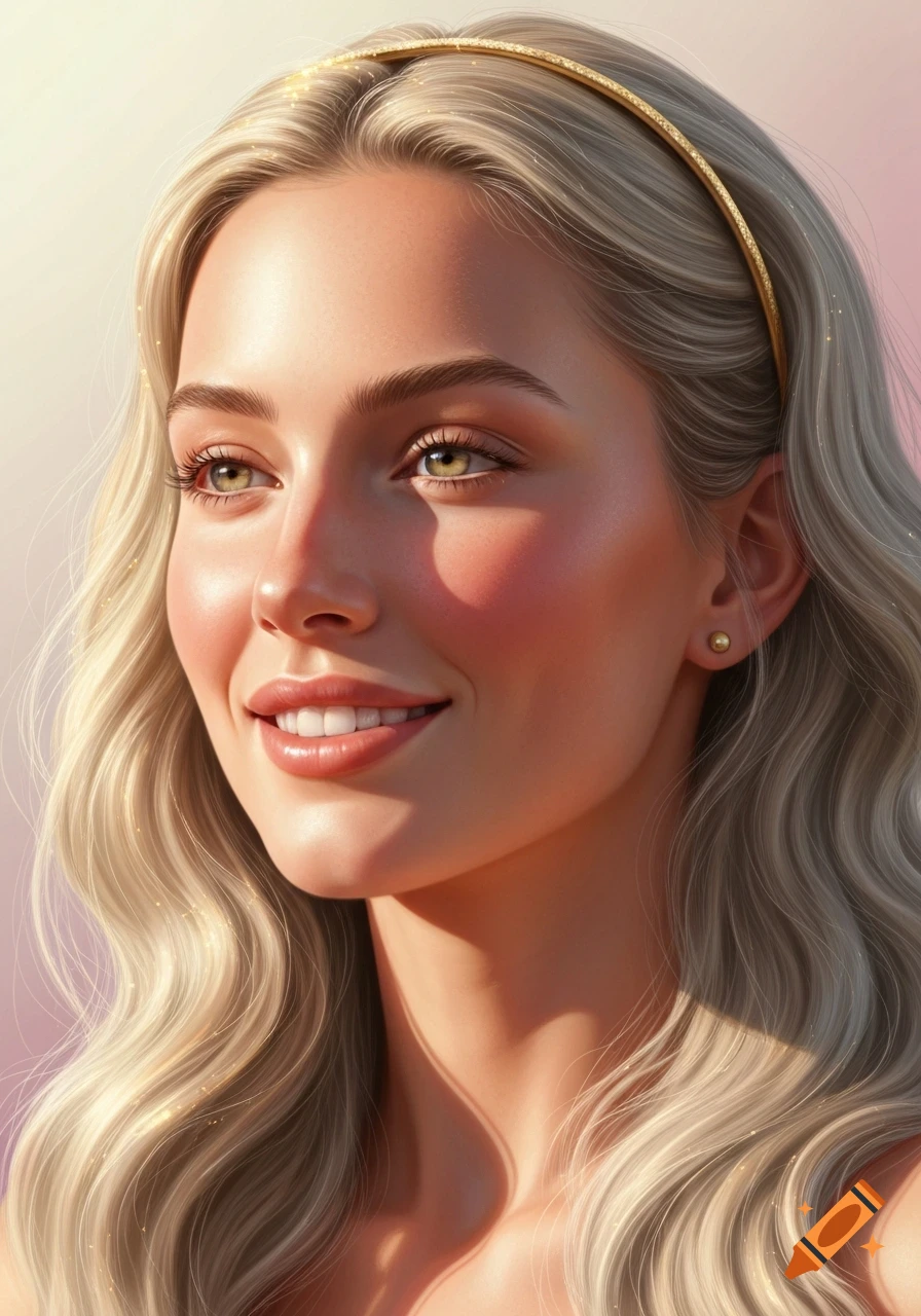 Close-up photorealistic portrait of a smiling blonde woman with green eyes and a gold headband.
