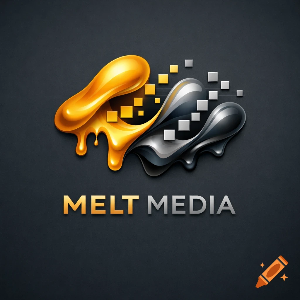 A shiny gold and silver liquid logo with pixelated squares and the text 'MELT MEDIA' on a dark gray background.
