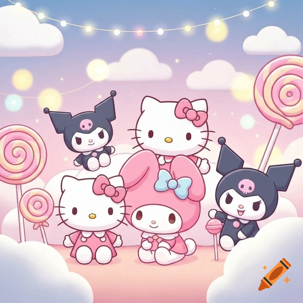 Hello Kitty, My Melody, and Kuromi characters stand among clouds and giant lollipops under a string of lights.