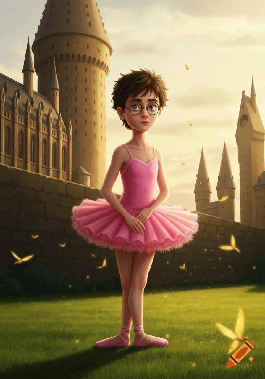 A cartoon-style young Harry Potter in a pink tutu and ballet shoes stands on a grassy lawn in front of Hogwarts castle.