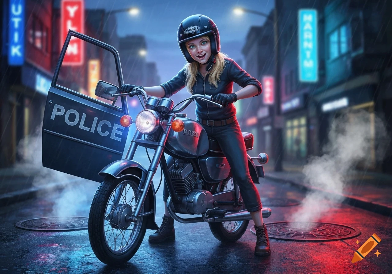 A blonde girl in a black helmet and outfit sits on a motorcycle, holding open a police car door in a neon-lit, rainy city street at night. Stylized digital art.