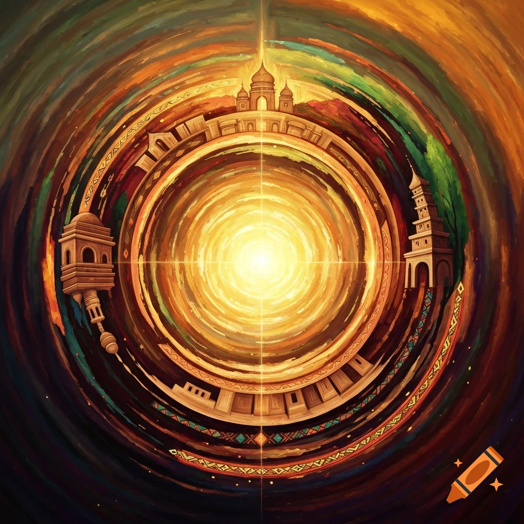 Vibrant abstract painting with architectural elements in swirling concentric circles around a bright central light.