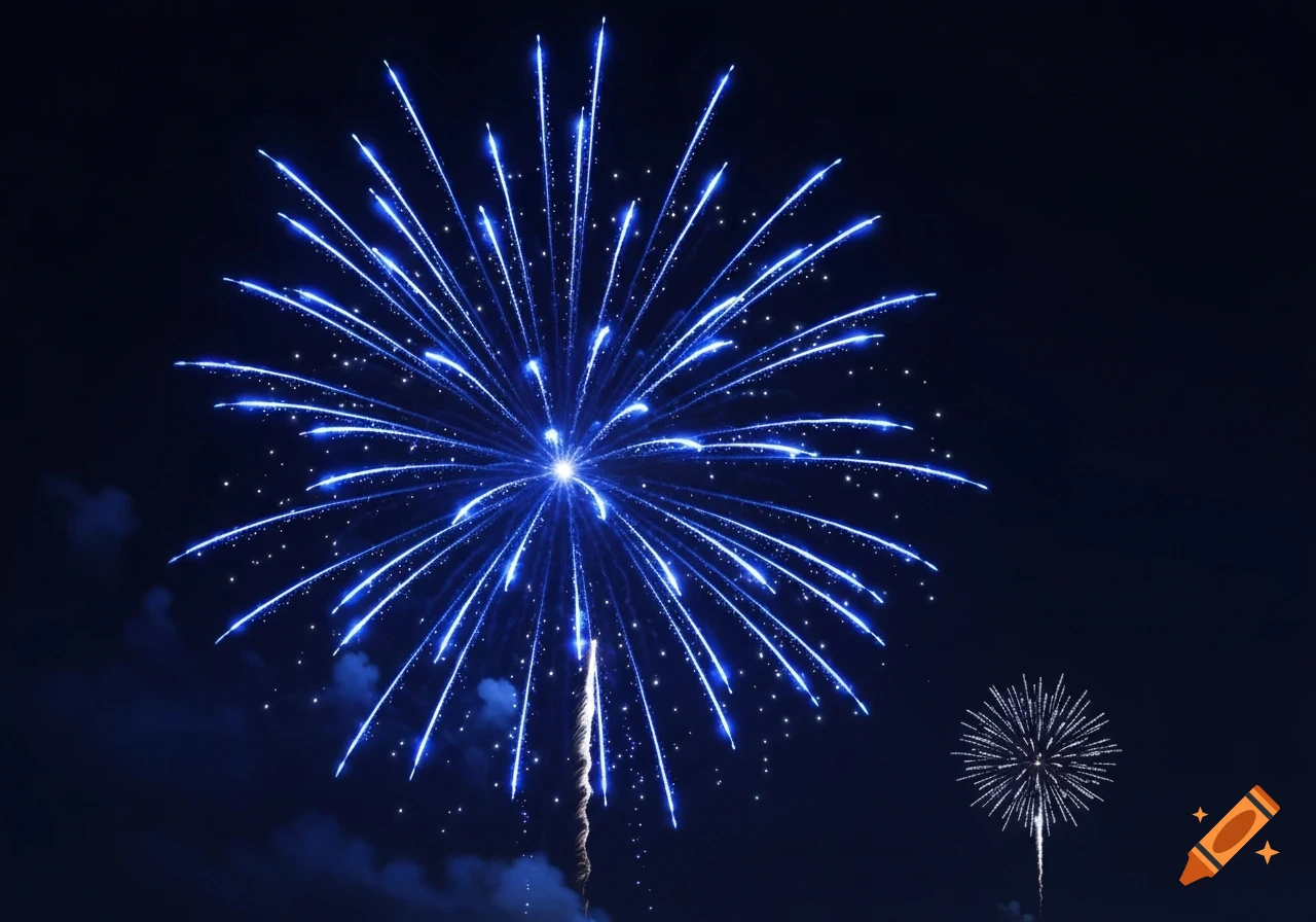 Bright blue firework exploding in a dark night sky, with a smaller white firework below it.