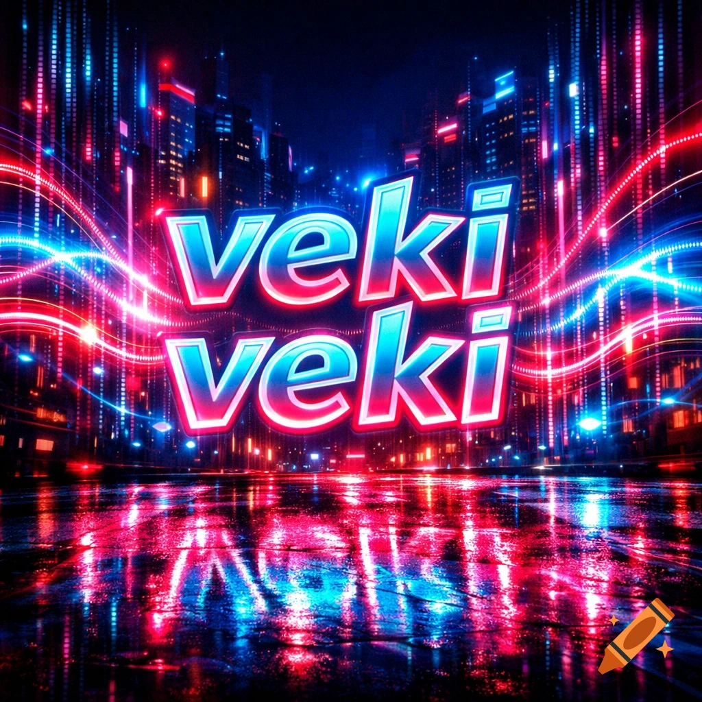 Glowing blue and pink 'veki veki' text against a dark, neon-lit futuristic city with reflections on a wet surface.