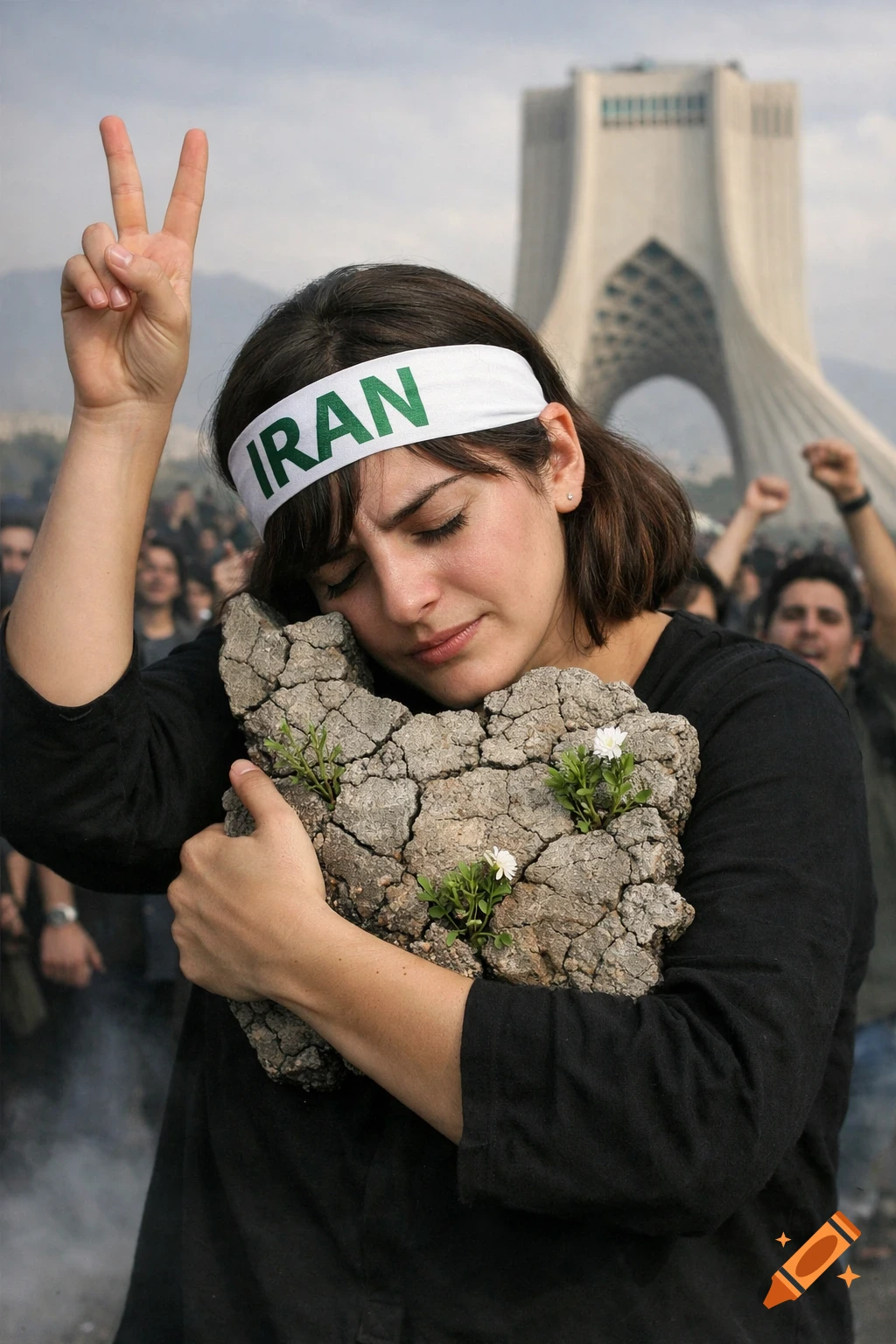 Photorealistic image of a woman with an 'IRAN' headband making a peace sign, hugging a cracked map of Iran with plants, against Tehran's Azadi Tower and a crowd.