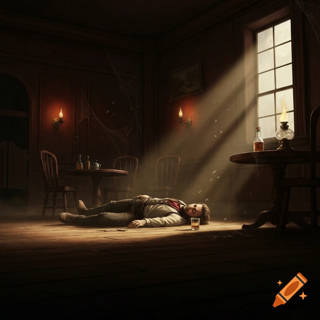 A man lies on a dusty wooden floor in a dimly lit, old Western-style saloon, illuminated by sunbeams from a window.