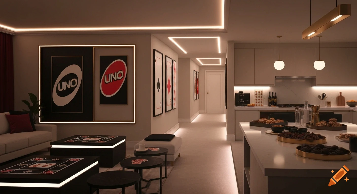 A stylish modern interior featuring a lounge, hallway, and kitchen decorated for a games night, with UNO posters and card-themed tables.